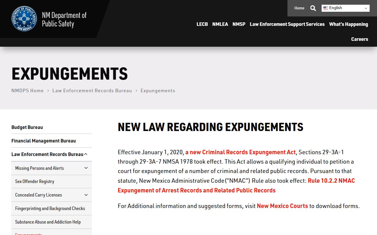 New Mexico DPS expungements page explaining the Criminal Records Expungement Act