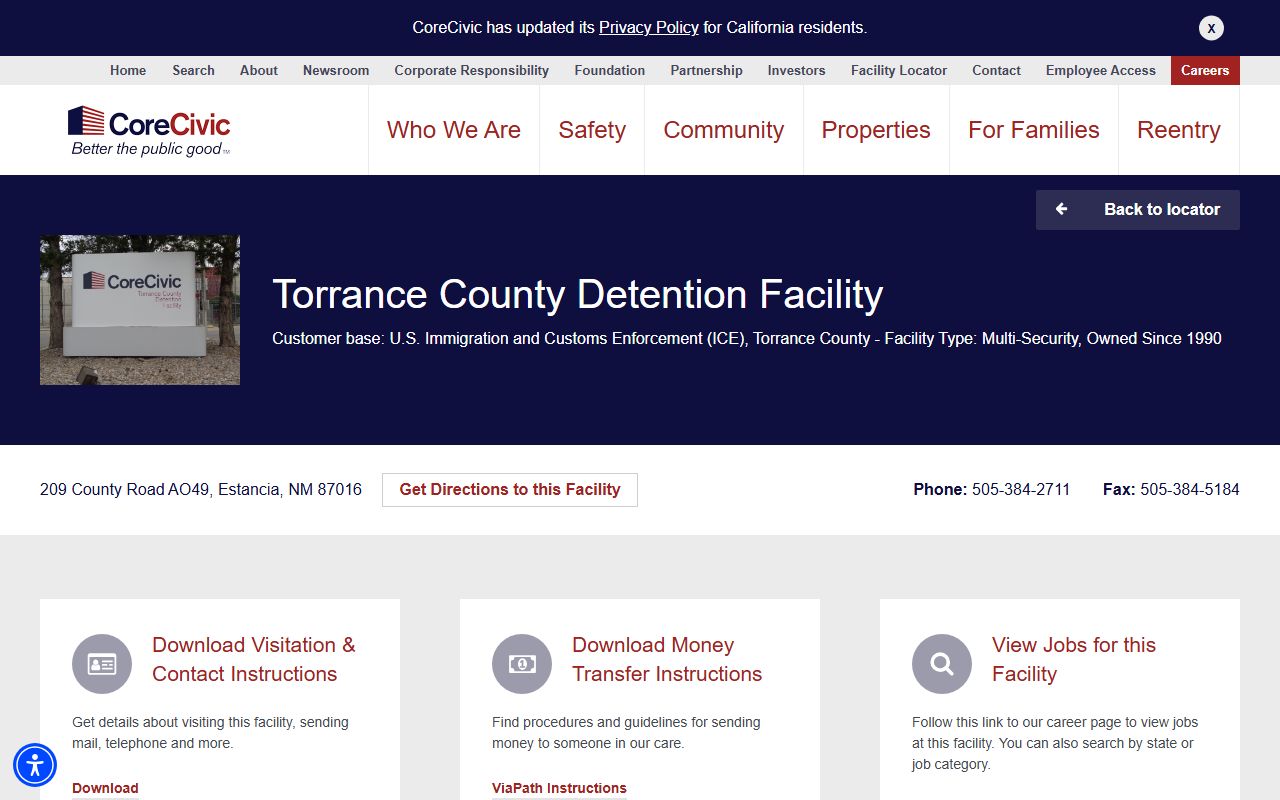 Torrance County inmate population CoreCivic detention facility information